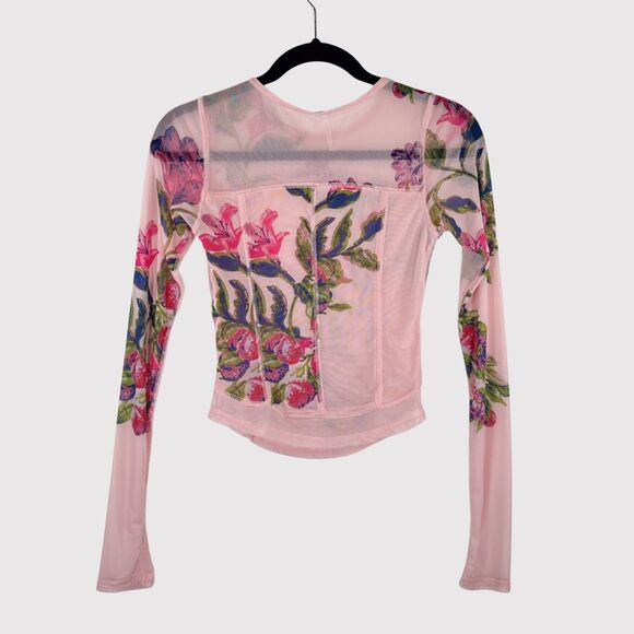 Free People Womens Top Pink Bettys Garden Floral Cropped Sheer Fitted Size XS - Picture 3 of 11